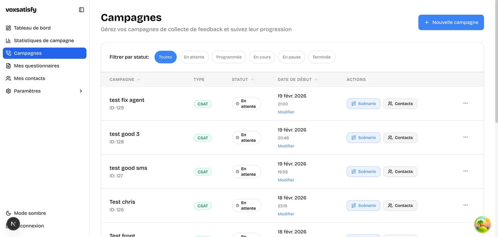 Liste des campagnes CSAT avec filtres par statut
