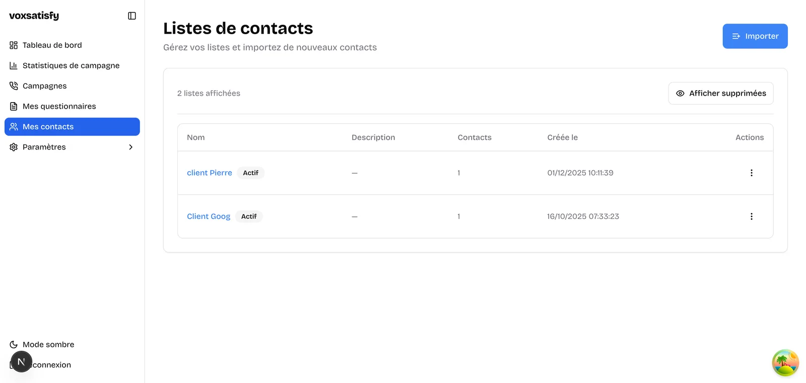 Page listes de contacts VoxSatisfy avec bouton Importer
