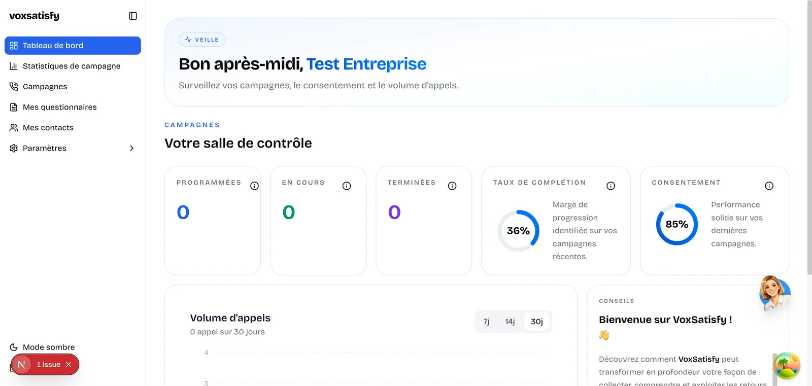 Tableau de bord VoxSatisfy avec indicateurs de complétion, consentement et volume d'appels
