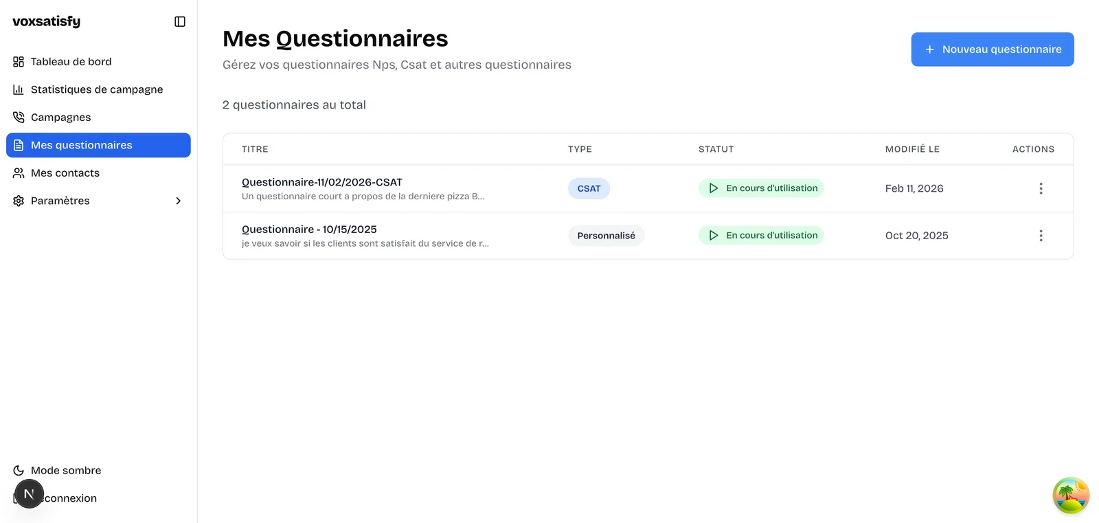 Liste des questionnaires NPS et CSAT dans VoxSatisfy