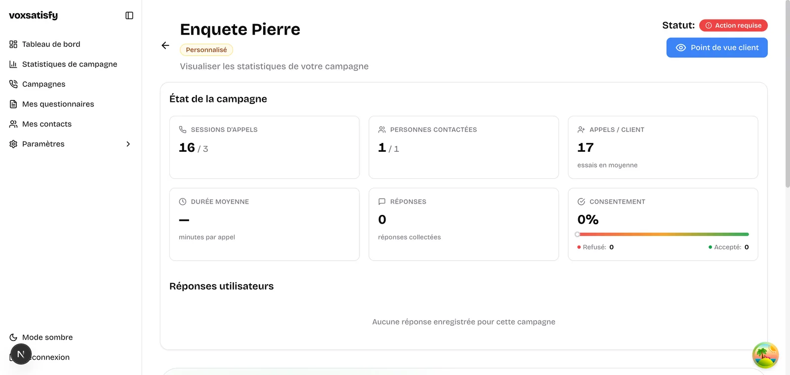 Détail de l'état d'une campagne avec métriques de sessions et consentement