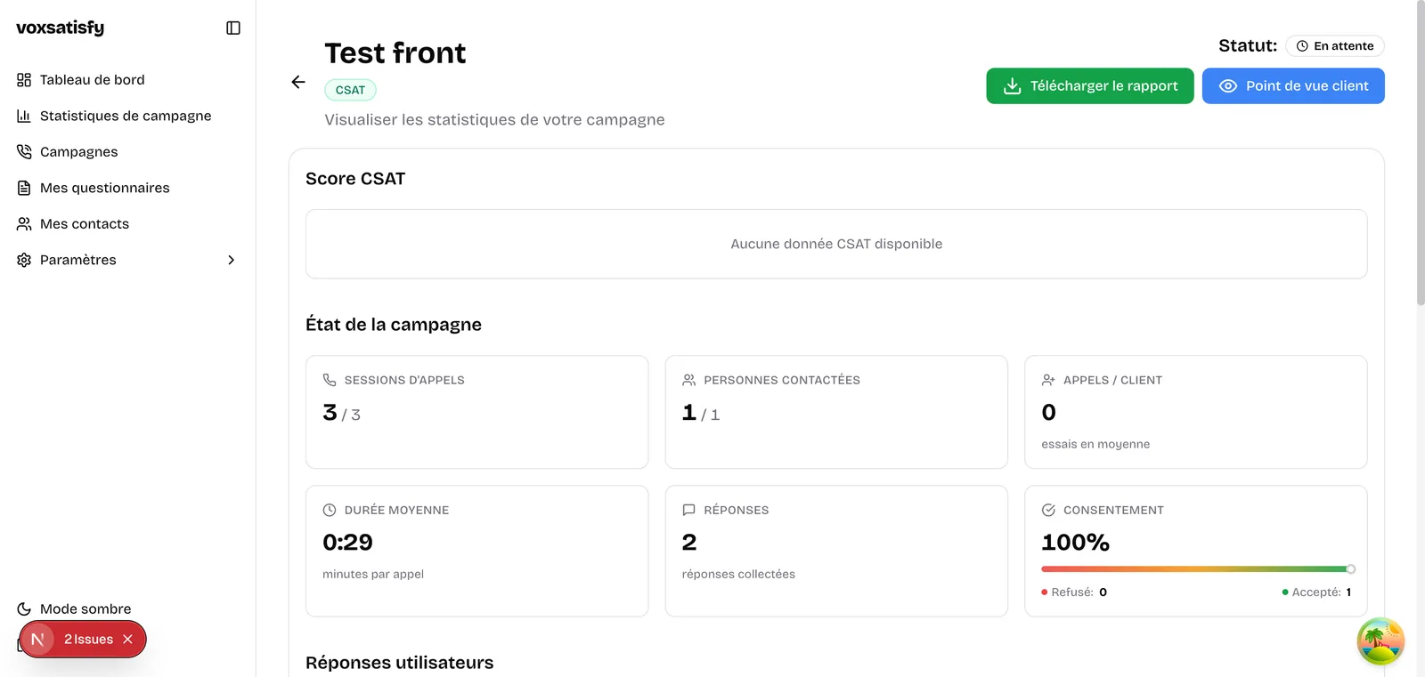 Statistiques CSAT avec score, état de campagne et consentement à 100%